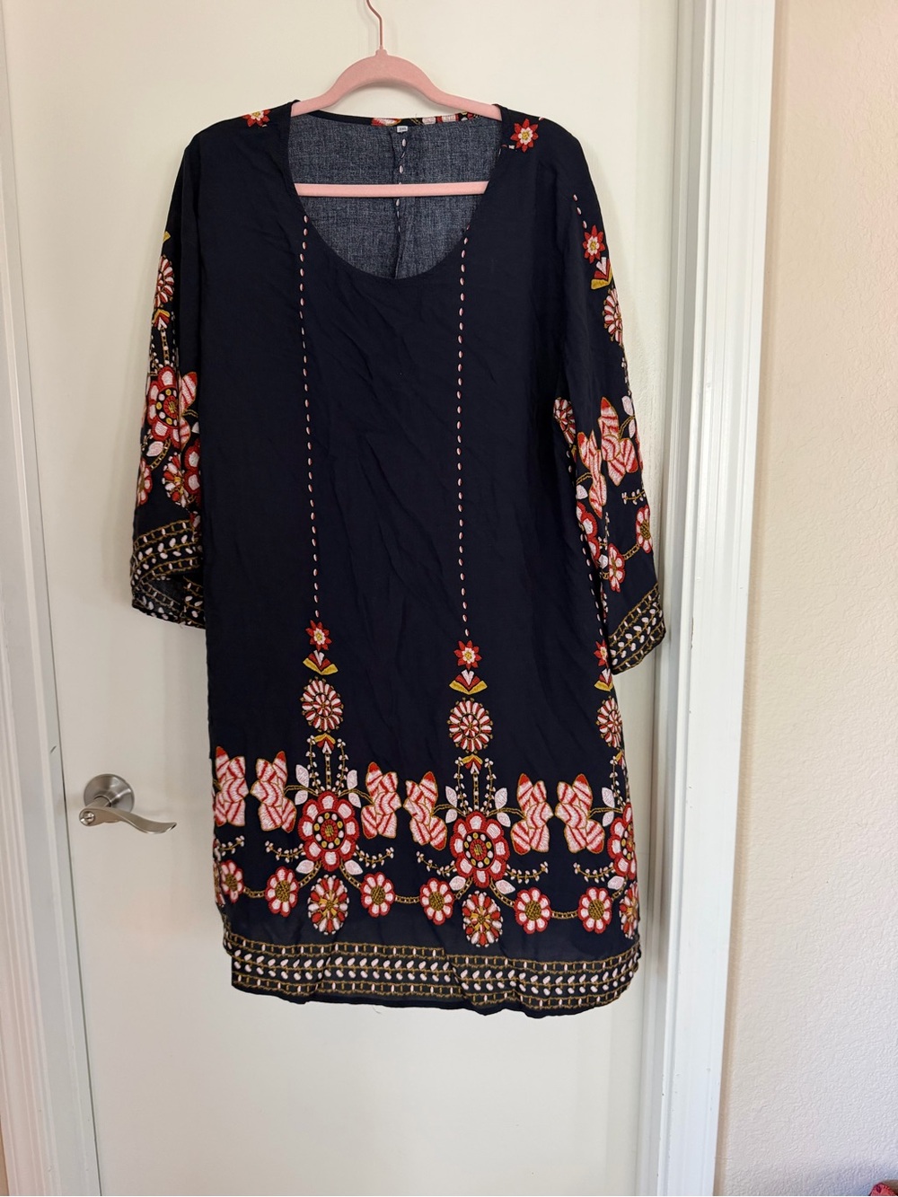 Women's Navy Embroidered Tunic Dress - Floral Pattern